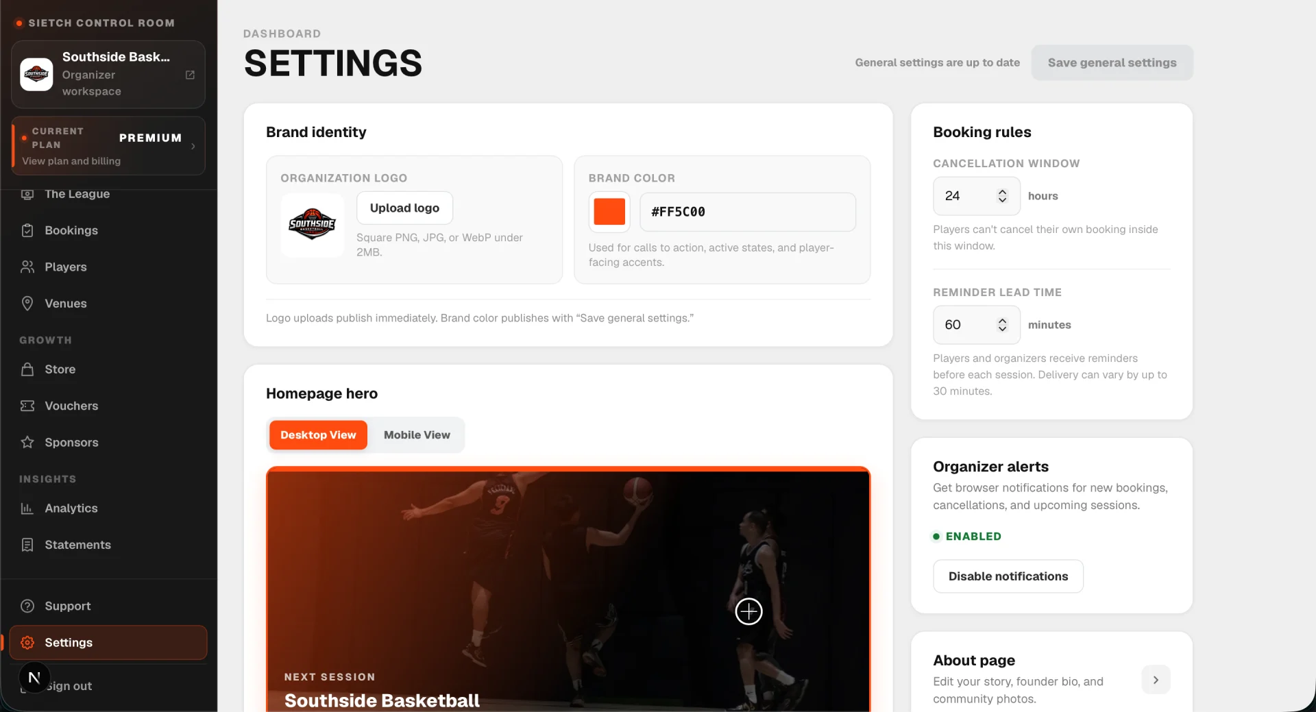 Full Sietch brand identity settings screen with organizer sidebar