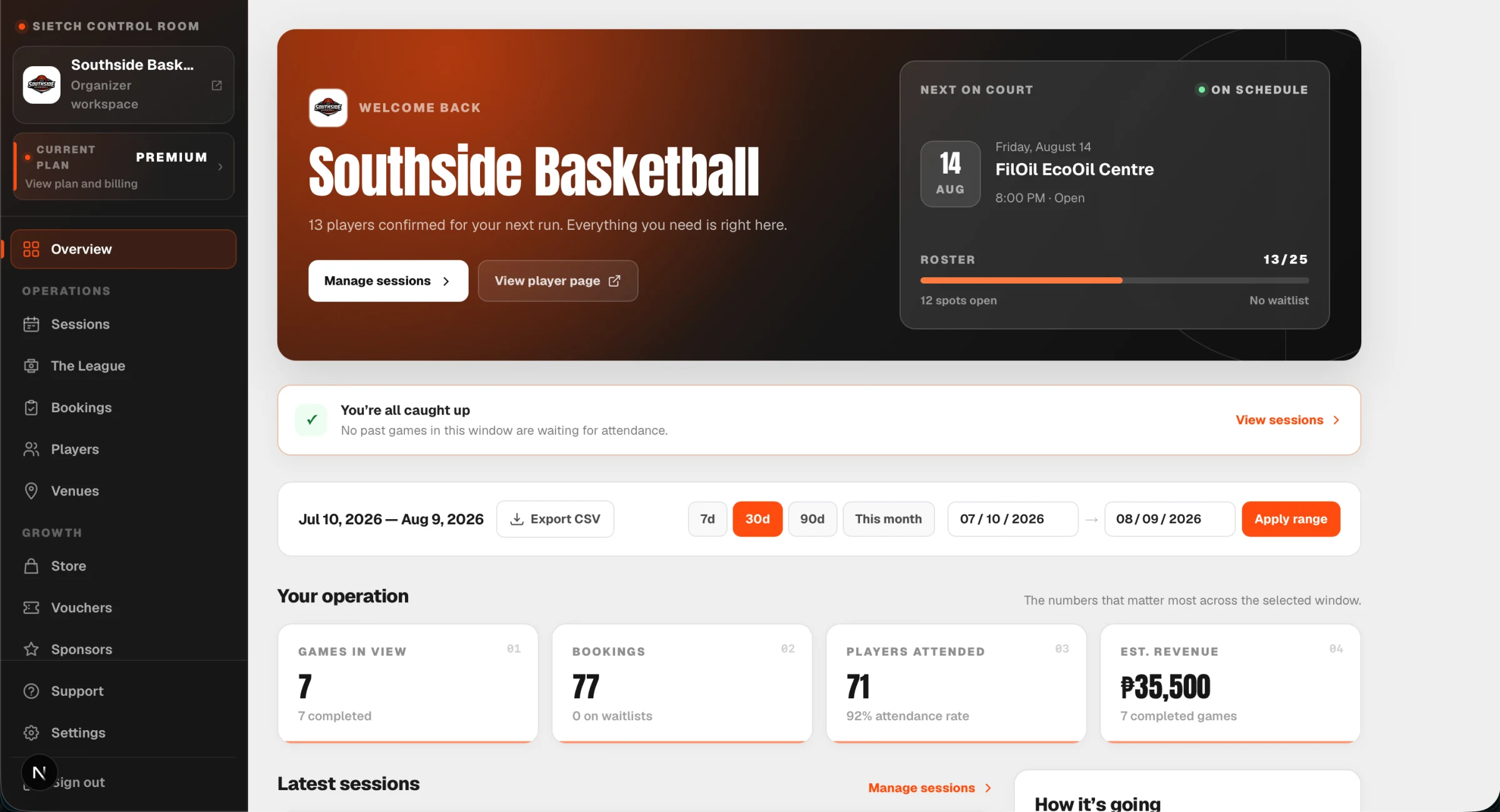 Full Sietch organizer dashboard with its navigation sidebar, next run, roster status, and operating metrics