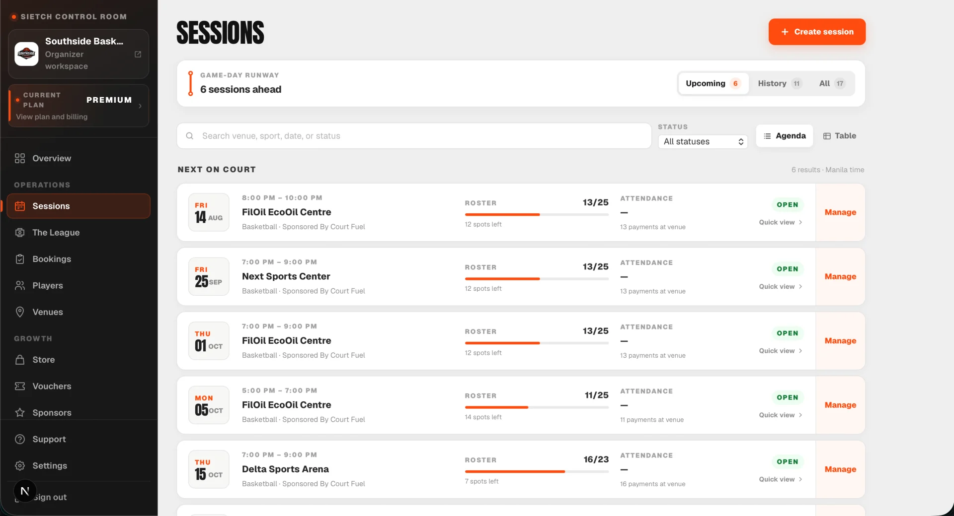 Full Sietch runs dashboard with sidebar and upcoming run management