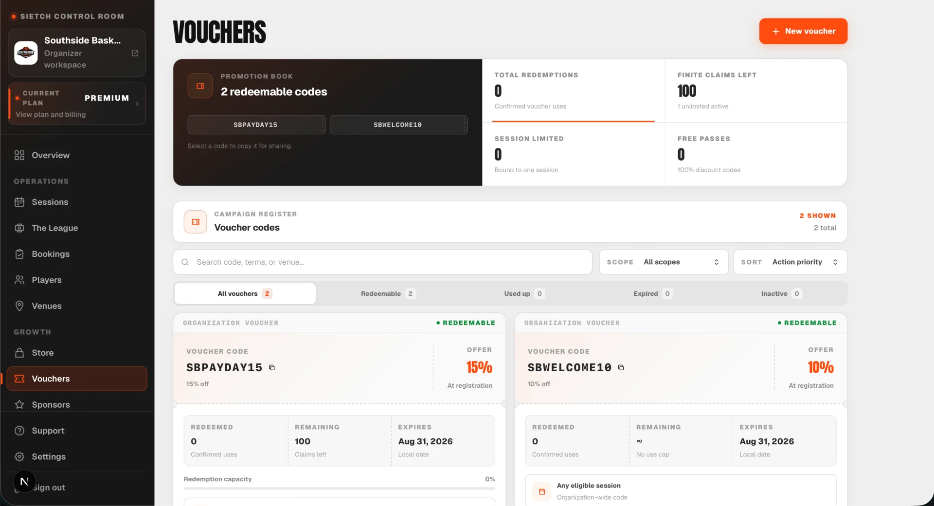 Full Sietch vouchers dashboard with organizer sidebar and offer management