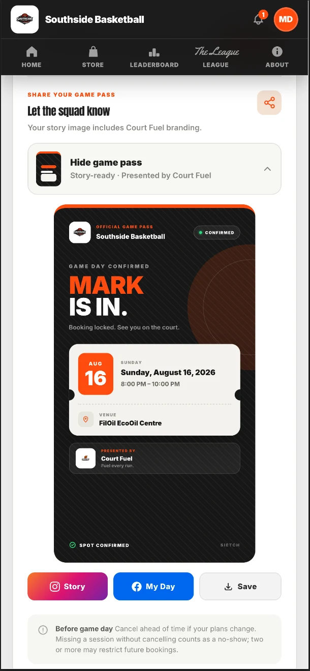 Branded mobile game pass with booking and run details