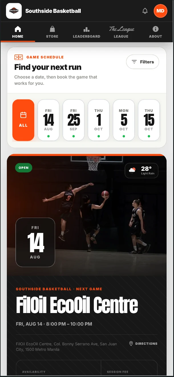 Branded player site showing upcoming runs, venue details, and availability