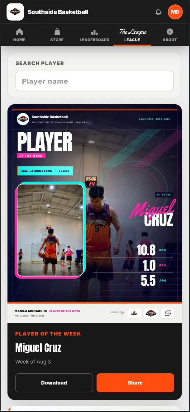 Public mobile league awards screen with player recognition posters