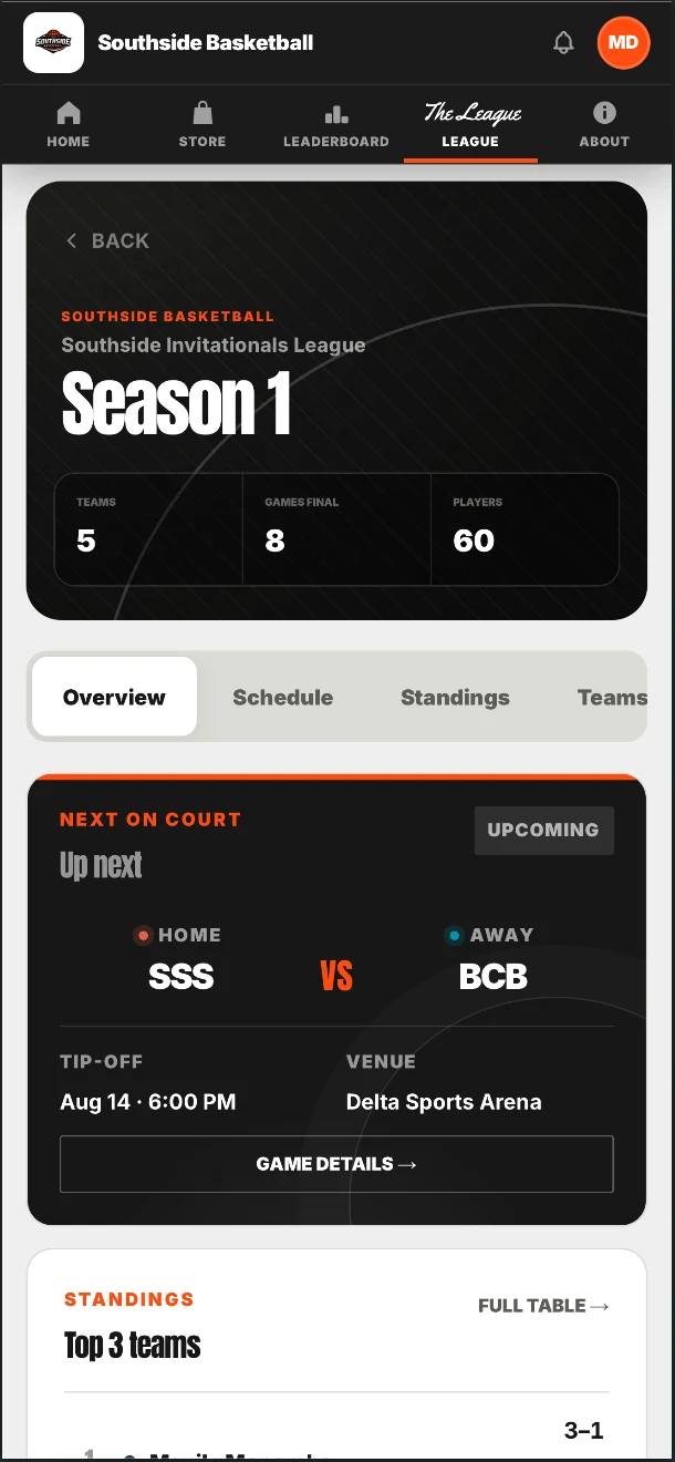 Public mobile league season overview with schedule, standings, and leaders