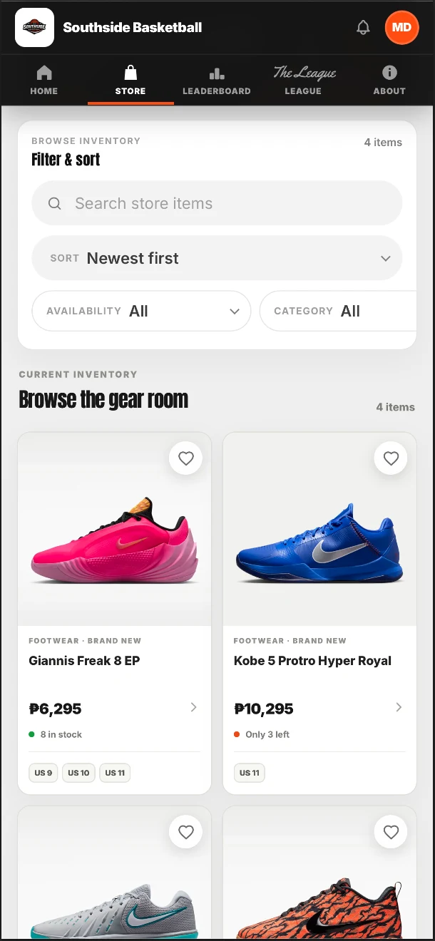 Branded mobile community store with products and inventory availability